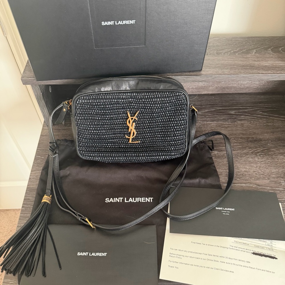 YSL Saint Laurent Black Crossbody Camera Lou Raffia Bag
